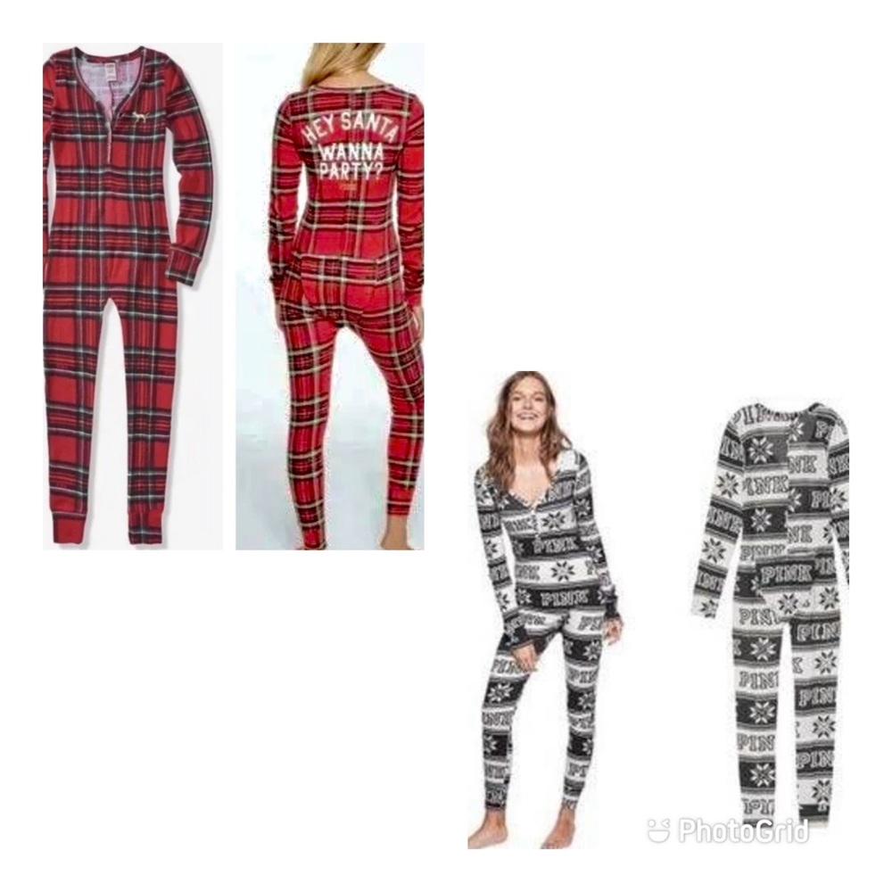 Pink Victoria Secret Onesie Lot of2 Pajamas PJ Med Hey Santa/Snowflake Fair Isle